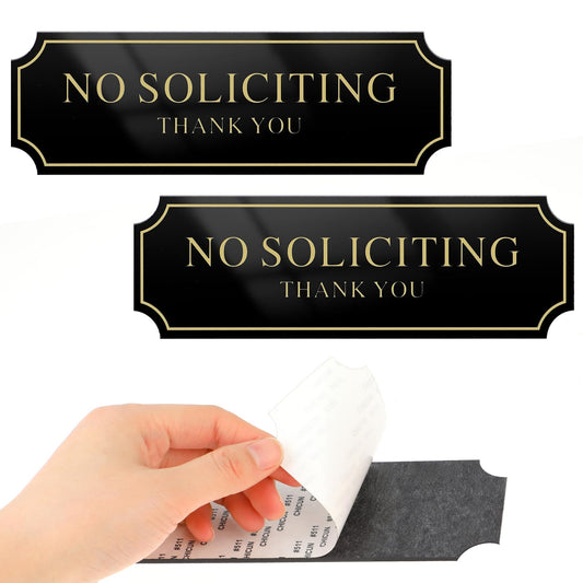 2 Pack No Soliciting Sign for House Front Door, 7.9"*2.6" Adhesive No Soliciting Yard Sign, No Soliciting Signs for Home, House, Office, Bussiness, Mailbox (Gold)