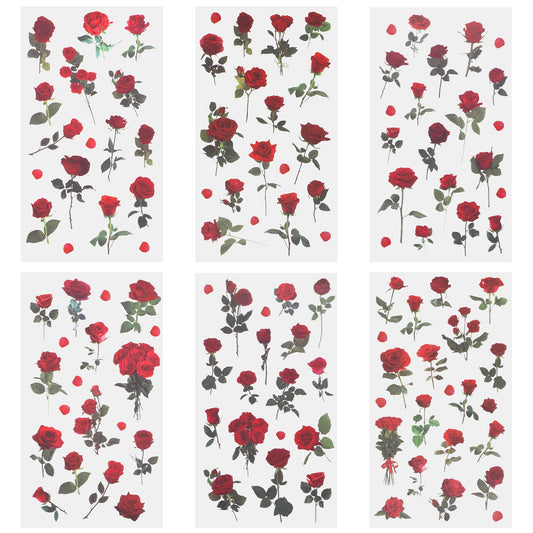 Rose Stickers, 6 Pcs Transparent Decals for Crafts Waterproof Flower Stickers Vintage Red Vinyl Flower Themed Decals for Scrapbook Supplies Card Making Journaling Water Bottles DIY Crafts Decoration