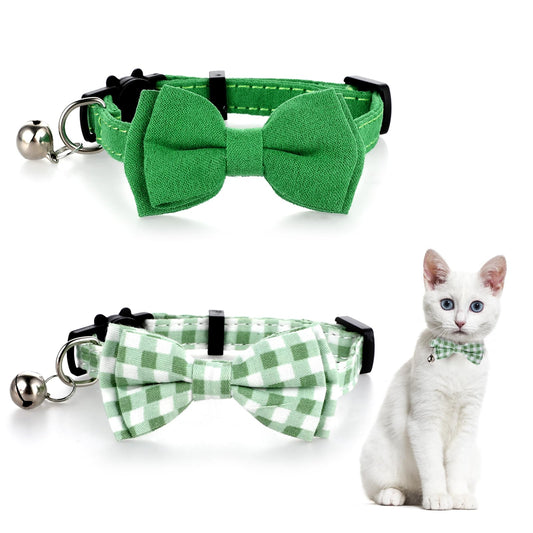 2 Pcs Bowtie Cat Collar with Bell Breakaway Cat Collars Cute Boy Kitten Collar Adjustable Small Puppy Safety Collar Solid Color Plaid Pet Collar (Green)