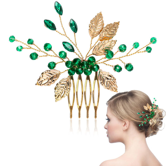 Green Hair Accessories for Bridal,Leaves Crystal Bride Hair Side Comb Vintage Gold & Emerald Green Crystal Bridal Hair Piece Rhinestone Hair Clips for Brides and Bridesmaids