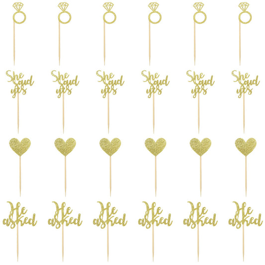 24 Pcs Gold Glitter Wedding Cupcake Toppers He Asked She Said Yes Cupcake Toppers Heart Diamond Ring Wedding Engagement Cupcake Picks Bridal Shower Party Cake Decorations