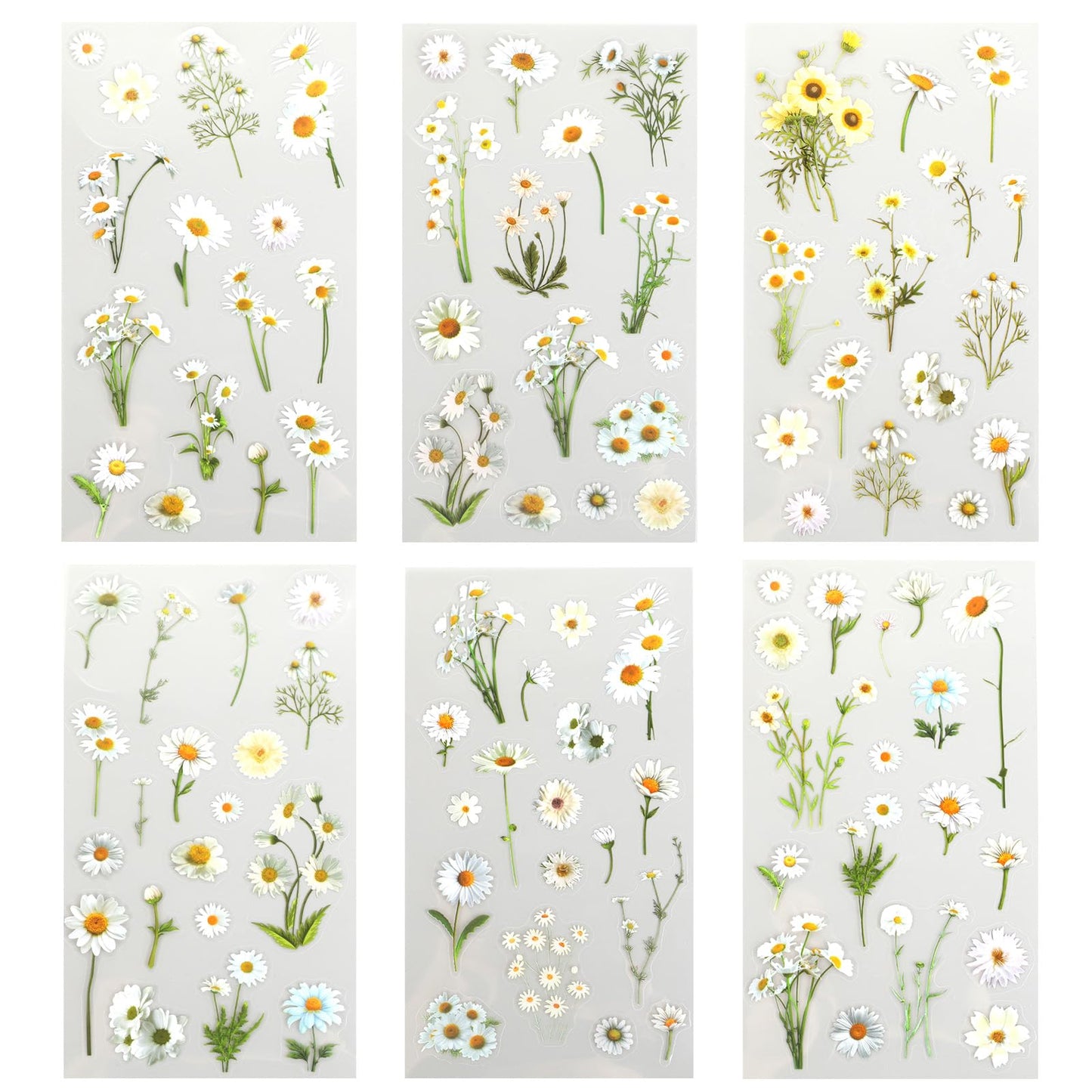 Daisy Stickers, 6 Pcs Transparent White Flower Stickers Waterproof PET Flower Decals Flower Sticker for Scrapbooking Laptops Water Bottles Pots Vases DIY Crafts Decoration Phone Book Guitar