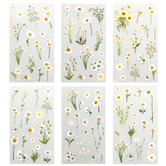 Daisy Stickers, 6 Pcs Transparent White Flower Stickers Waterproof PET Flower Decals Flower Sticker for Scrapbooking Laptops Water Bottles Pots Vases DIY Crafts Decoration Phone Book Guitar