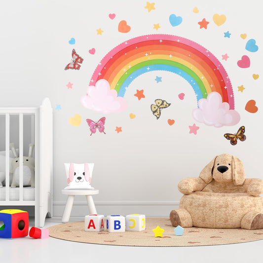 Large Rainbow Wall Stickers with Butterflies Stars Hearts Rainbow Wall Stickers Colorful Rainbow Stickers Peel and Stick Stickers for Bedroom Nursery Playroom Home Window Decoration