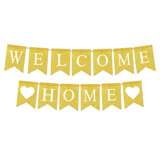 Gold Glitter Home Party Sign Welcome Home Banner Pre-Strung Welcome Back Party Decorations Banner Family Theme Parties Supplies For Homecoming Returning