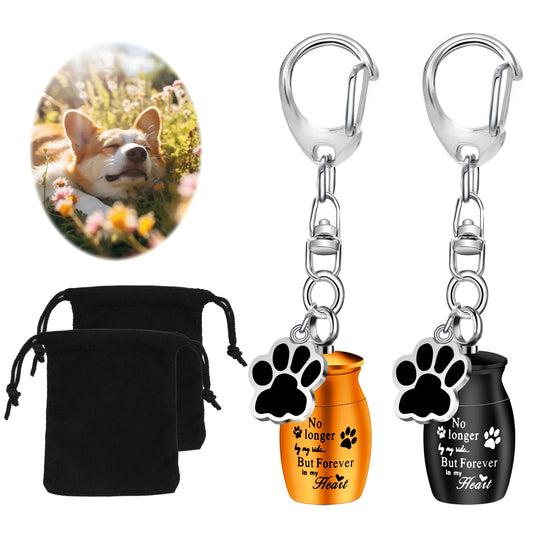 KALIONE 2 Pcs Pet Urns Keychain Dog Urns for Ashes Dogs Ashes Keepsake Stainless Steel Small Pet Urns for Dogs Cat Ashes Urns with Storage Bags Pet Cremation Jewelry Pend Paw Print Urn