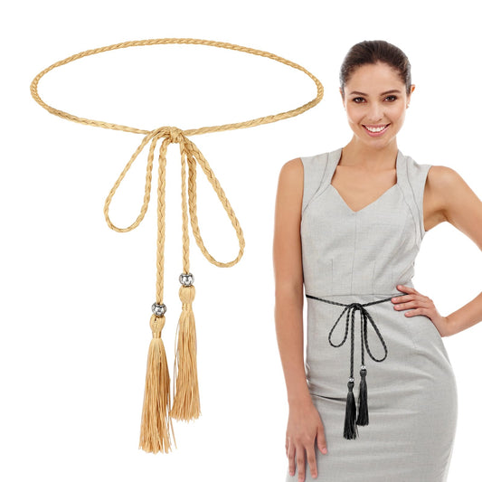 KALIONE Women's Braided Thin Waist Belt, 2 Packs Skinny Woven Tassel Rope Chain Belt Boho Dress Belts Braided Knotted Waistband for Women Girls Skirt Dress