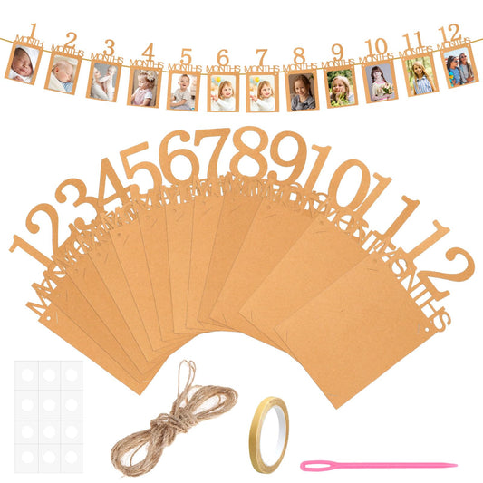 Baby Photo Garland 1st Birthday Photo Banner Baby First Birthday Garland Hanging Kraft Paper Photo Wall Decoration Kids Monthly Birthday Photo for Party Decor