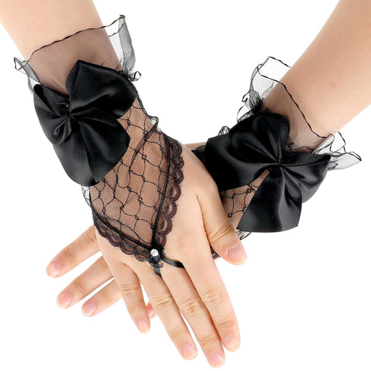 Lace Gloves Women's Bow Mesh Sheer Lace Fingerless Gloves, Bow Rhinestone Wedding Mesh Sheer Fingerless Gloves Bridesmaids Lace Bow Short Gloves for Banquet Wedding Dinner Theme 80s Tea Party Funeral