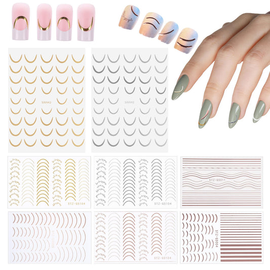 8 Sheets Lines Stripe Nail Art Sticker Decals Gold Silver Nail Stickers Decals Rose Metal Nail Stickers 3D Metal Strip French Design Nail Decals Metallic Curve Wave Lines Nail Decals for Women