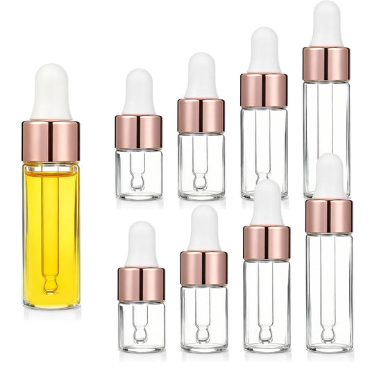8 Pack Rose Eye Dropper Bottle Travel Dropper Bottle Mini Glass Vials Bottles Empty Travel Oil Droppings Bottles with Rose Gold Cap for Essence Liquid Cosmetic Containers (1ml, 2ml, 3ml, 4ml)