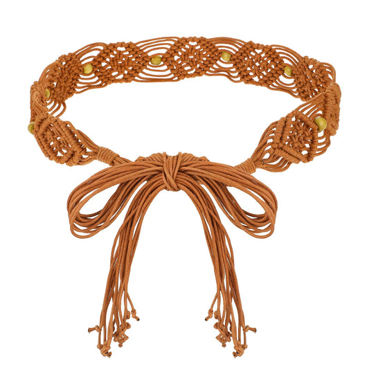 Mozeat Lens Boho Braid Belt, Brown Woven Belts for Women Bohemian Style Belt Braid Waist Belt for Dresses Beaded Belt Rope Belts for Women, Decorative Belts for Women Dresses, Brown, Medium
