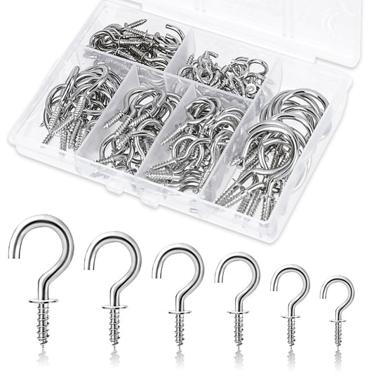 KALIONE 130 pcs Screw in Hooks, 6 Sizes Hooks for Hanging Ceiling Hooks Small Hanging Hooks Screw Hooks for Wood Ceiling Hooks for Hanging Plants Hanging Small Cups (Silver)