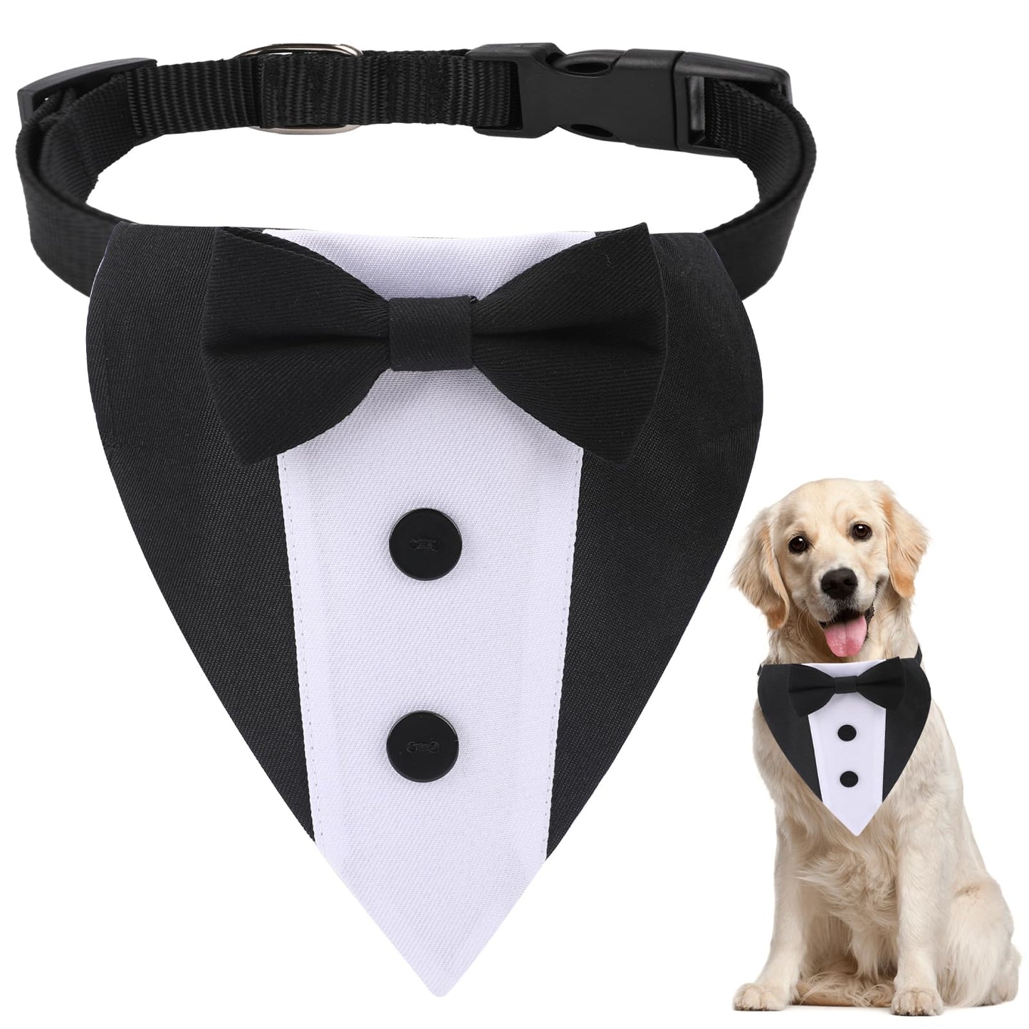Dog Tuxedo Wedding Bandana Collar with Bow Tie Adjustable Dog Tuxedo Suit Formal Dog Costumes Pet Party Tux for Small Medium Large Dogs Pets(Large: Neck 15-25)