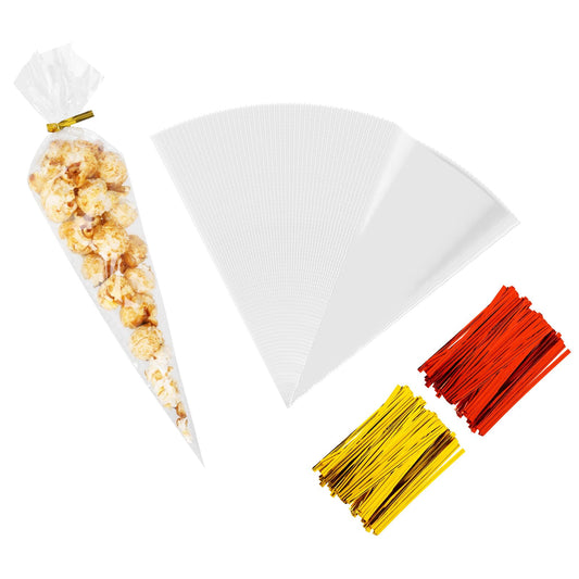 200 PCS Cone Shaped Treat Bags Plastic Popcorn Cone Bags Clear Plastic Cone Gift Bags Treat Bags with Twist Ties Cone Triangle Plastic Bags 5x10 Inches Cone Plastic Candy Bags for Gift Wrapping