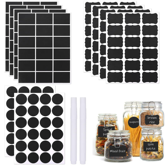 192 PCS Chalkboard Stickers Blackboard Label Waterproof Reusable Blackboard Stickers Kit with 2 White Chalk Pen Kitchen Labels for Decoration and Organizing Jars, Kitchen Pantry, Bottles, Parties