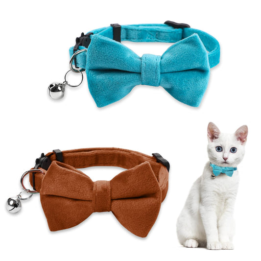 2 Pcs Velvet Cat Collar Bow Tie Cat Collar with Bell Adjustable Kitten Collar Breakaway Cat Collars Cute Costume Accessories Safety Buckle for Small Pets