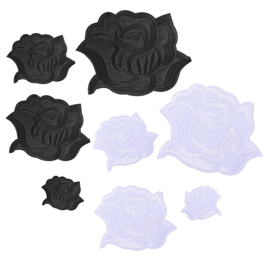8pcs Black White Iron On Rose Flower Patches for Clothes Designs Fabric Repair Patches 4 Size Embroidered Sew On Flower Patches Cool Applique Patches for Jacket Jeans Sweater Hats Shoes Bags for Women