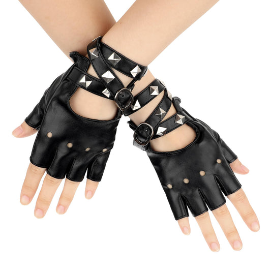 Leather Punk Fingerless Gloves for Women - Cycling Sports Outdoor Gothic Gloves for Driving Motorcycle Bike