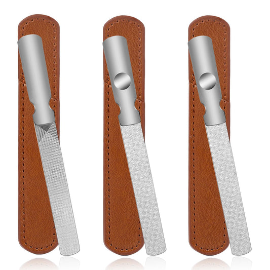 3 Pcs Stainless Steel Nail Files Heavy Duty Reusable Manicure Filer Metal Nail File with Leather Case Travel Nail File Double Sided Nail Files for Men and Women Natural Nails Silver Brown