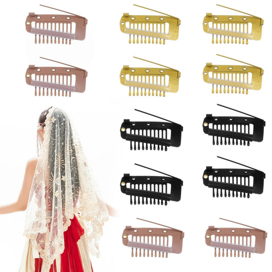 12 Pcs Chunni Clips with Safety Pins, 3 Colors Invisible Strong Wig Combs, Multifunction10-Teeth Snap Clips for Wig Headscarf Hair Extension