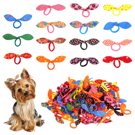 Viliqiou 100PCS Dog Hair Ties for Small Dogs Puppy Hair Bows Bands Colorful Rabbit Ear Dog Hairs Accessories Set with Elastic Bands for Pet Grooming and Styling
