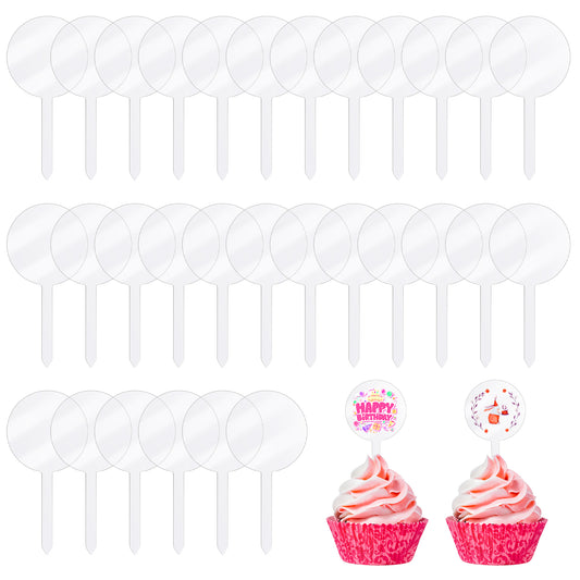 30 Pack 2 Inch Circle Acrylic Cupcake Toppers Blank Cupcake Toppers Sticks for DIY Clear Mini DIY Cake Topper for Birthday Festival Party Wedding Party Cake Decoration