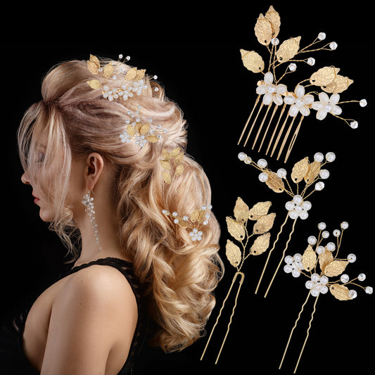Bridal Wedding Hair Pins 4 Pieces Gold Leaf Pearl Hair Jewelry Vintage Hair Pins for Women Wedding Hair Pieces for Brides Crystal Pearl Gold Wedding Hair Accessories for Women Brides Bridesmaids Girls