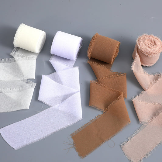 Chiffon Ribbon Set, 4 Rolls Chiffon Silk Ribbon 1.5 in x 5 Yd Handmade Fringe Fabric for Wedding Invitations, Flower Bouquet, Present Wrapping