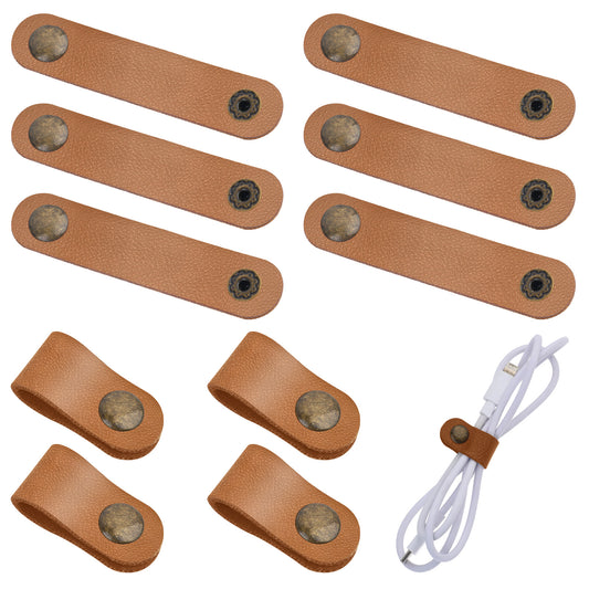 10pcs Leather Cord Organizer Straps Travel Cord Leather Snap Brown PU Phone Cord Ties for Charging Cables Reusable Leather Cord Keeper Leather Cable Ties Snap Closure for Charging Cord Power Cord