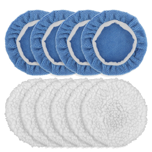 10Pcs Car Orbital Buffer Polisher Pad Car Polisher Pad Bonnet Buffing Pad Cover Wool Buffing Pads Car Polishing Bonnet Buffing Pads for Car Furniture Glass, 5*Microfiber+5*Woollen, 5-6 Inches