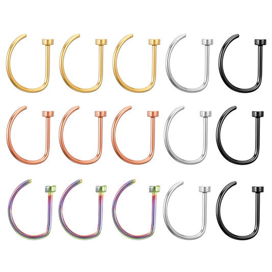 Skrfren 15 PCS 20G 8mm Fake Nose Rings Hoop Set, D Shaped Stainless Steel Faux Nose Hoops, Non Pierced Clip On Lip Septum Rings, Piercing Jewelry for Women for Halloween Party Daily Wear (Multicolor)