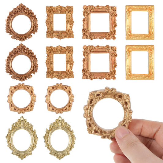 12 PCS Mini Gold Picture Frames, Miniature Picture Frames Vintage Small Antique Resin Pictures Baroque Miniature Pictures Frame Oval Rectangle Frame for DIY Photo Wedding Decoration Holiday Party