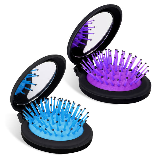 2 Pcs Folding Travel Mirror Hair Brushes Mini Round Pocket Hair Brush Folding Pocket Brush Portable Travel Size Comb for Men Women Purse Pockets (Purple, Blue)