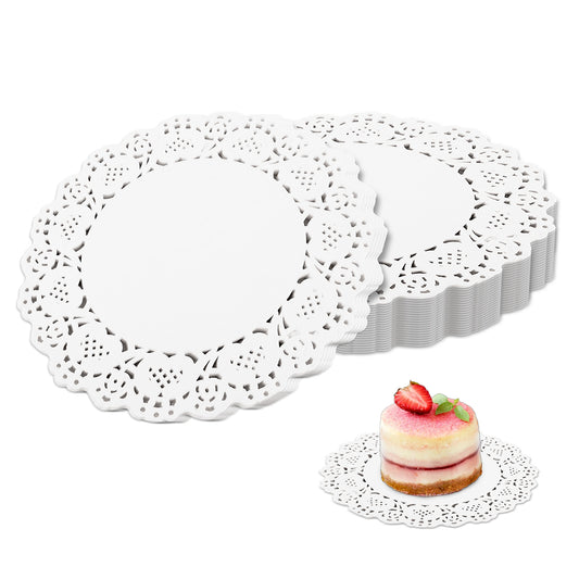 Mozeat Lens 4.5 Inch Round Paper Doilies, Disposable Small White Lace Doilies for Dessert Trays, Food, Cakes, Crafts, Table Decorations, Pack of 150
