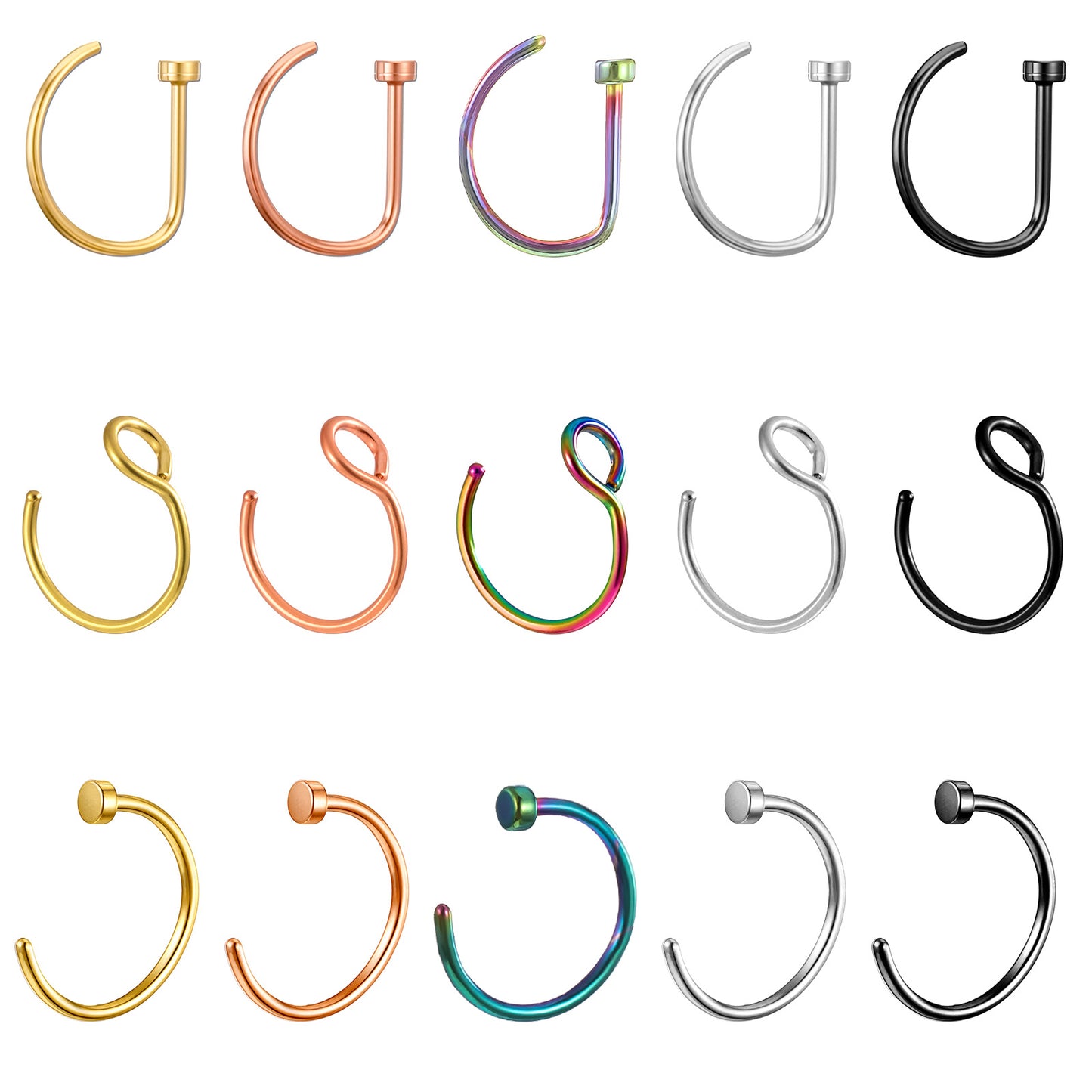 Skrfren 15 PCS 20G 8mm Fake Nose Rings Set, 3 Styles Stainless Steel Faux Nose Hoops, Non Pierced Clip On Lip Septum Rings, Piercing Jewelry for Women Men Halloween Party Daily Wear (Multicolor)