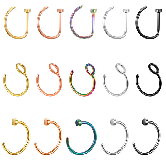 Skrfren 15 PCS 20G 8mm Fake Nose Rings Set, 3 Styles Stainless Steel Faux Nose Hoops, Non Pierced Clip On Lip Septum Rings, Piercing Jewelry for Women Men Halloween Party Daily Wear (Multicolor)