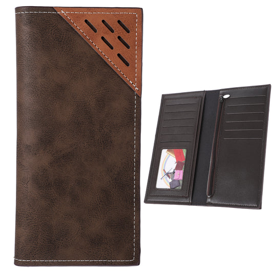 Bifold Slim Long Wallet for Men, Card Holder Wallet with Multiple Cards Slots PU Leather Card Wallets Contrasting Bifold Wallets Leather Checkbook Cover for Suits and Daily Use (Deep Coffee)