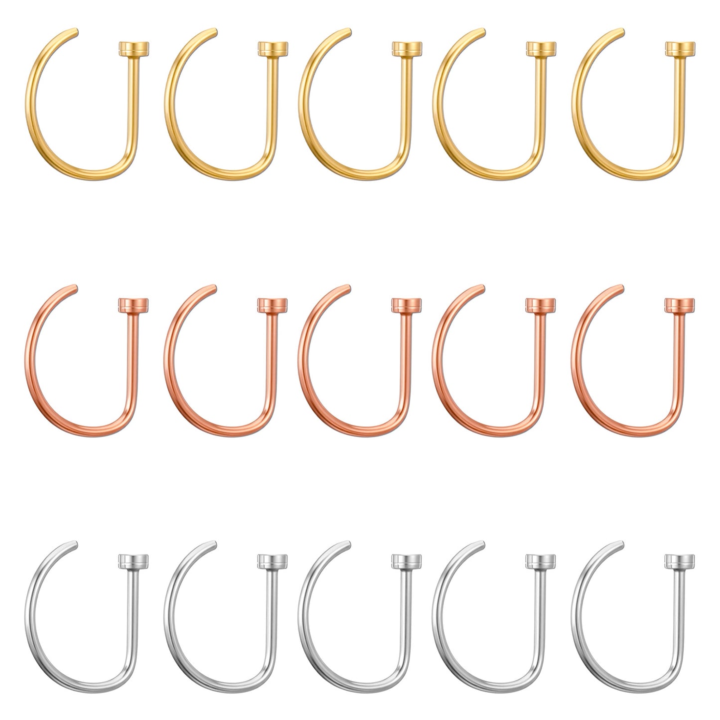 15 PCS Fake Nose Piercing 20g 8mm, D Shaped Fake Nose Ring Hoops Set Stainless Steel Noses Piercing Jewelry Faux Noserings Nosehoops, Fakes Lip Hoop Rings Septum Ring for Women, Silver Gold Rose Gold