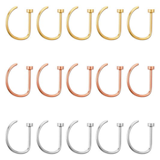 15 PCS Fake Nose Piercing 20g 8mm, D Shaped Fake Nose Ring Hoops Set Stainless Steel Noses Piercing Jewelry Faux Noserings Nosehoops, Fakes Lip Hoop Rings Septum Ring for Women, Silver Gold Rose Gold