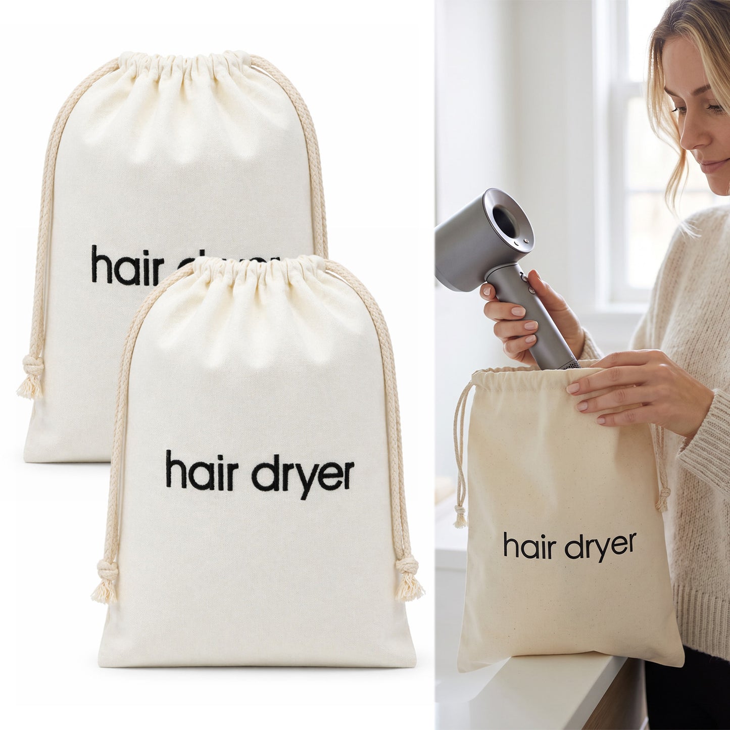 Bruislard 2 Pcs Hair Dryer Bag White Drawstring Bag Container