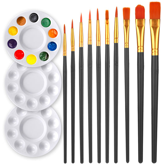 Paint Brushes Palette Set Round Paint Tray Palettes Nylon Hair Brushes Paintbrushes 10 Pcs Acrylic Paint Brushes and 3 Pcs Plastic Paint Palettes Pallets Paint Brushes for Drawing and Art Supplies