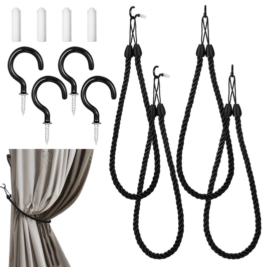 4-Piece Black Decorative Handmade Tie Backs Curtain Holdbacks with 4 Metal Screw Hooks Curtain Tiebacks Ropes Holders Cord for Thin or Thick Home Office Window Drapes Indoor Outdoor