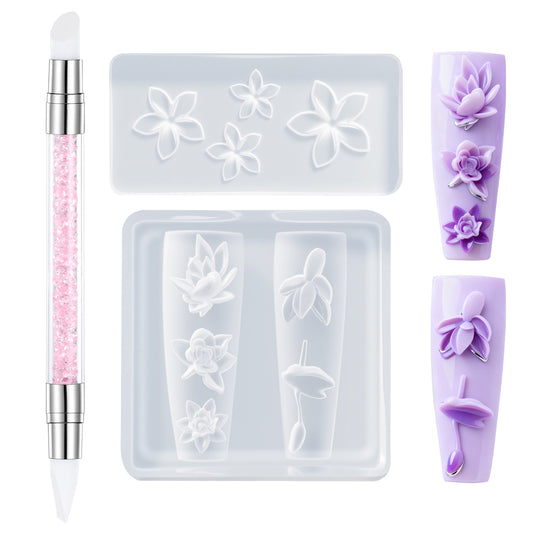 Silicone Nail Art Molds, 2 Pcs 3D Flowers Nail Charm Molds with Carving Pen, Reusable Clear Nails Art Mold Plumeria Hibiscus Flower Nails Design Manicure Template for Resin Craft Accessories