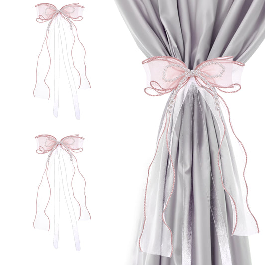 2 PCS Bow Curtain Tiebacks, Elegant Pink Bow Butterfly Curtain Tiebacks with Pearls Sweet Bowknot Holdbacks for Stylish Home Bedroom Offices Dining Rooms Wedding Party Decoration - 33.9 in(86 cm)