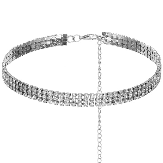 FdcLixuvol Diamond Choker Necklace for Women, Silver Rhinestone Necklace Adjustable Layered Chain Necklaces Anniversary Birthday Gift Crystal Jewelry for Women (3 Row)