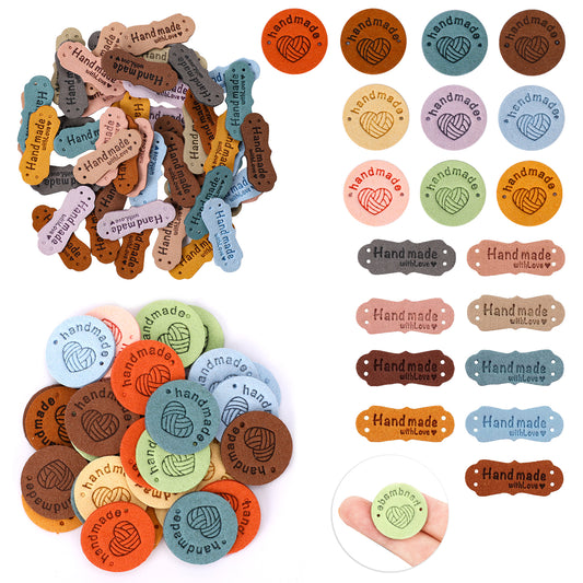 80pcs Handmade Leather Labels, Artificial Colorful Leather Labels with Love Handmade Embossed Crochet Tags with Holes for Crochet Knitting Sewing Hats DIY Crafts