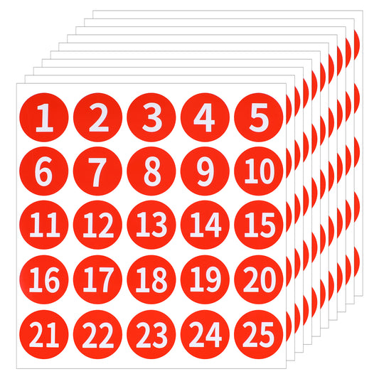 10 Sheets 1 to 25 Number Stickers Circle Numbered Vinyl Stickers Self Adhesive Decal Waterproof Labels Number Inventory Stickers Red Number Sticker for Inventory Classification