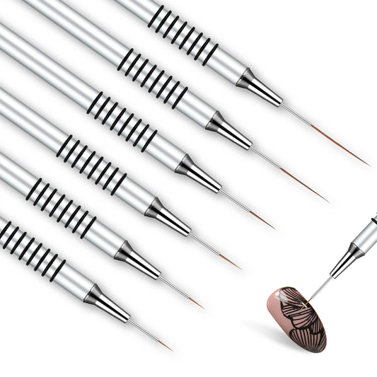 Nail Art Liner Brushes, 6 Pieces 5/7/9/11/20/25mm Nail Art Design Brush Thin Nail Art Detail Brush Nail Dotting Brushes Pen for Women Girls Long Lines Thin Details Nail Art Drawing Supplies, Silver
