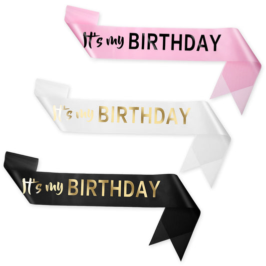 It's My Birthday Sash for Women, 3Pack Happy Birthday Sash with Gold Foil for Women Men Girls Boys Birthday-Decorations (Pink White Black)